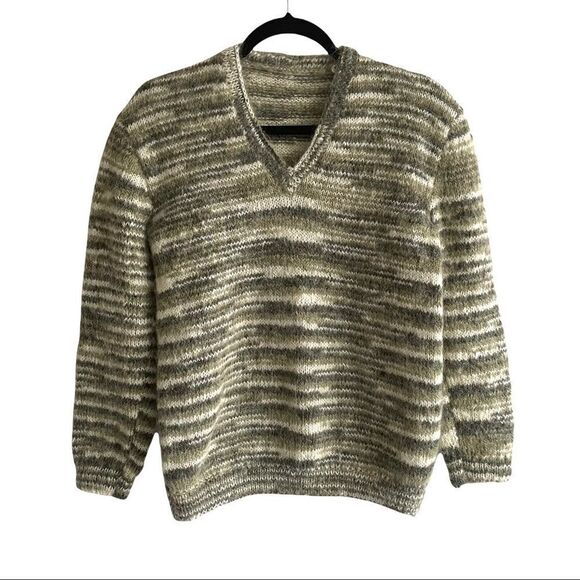 HAND KNIT Mohair Wool V-Neck Sweater Green Cream S - Picture 2 of 6